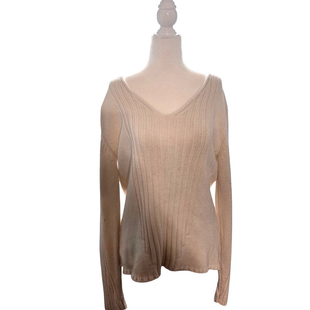 J.Crew White Ribbed V Neck Sweater Womens Large Cotton Blend Knit Pullover Top
